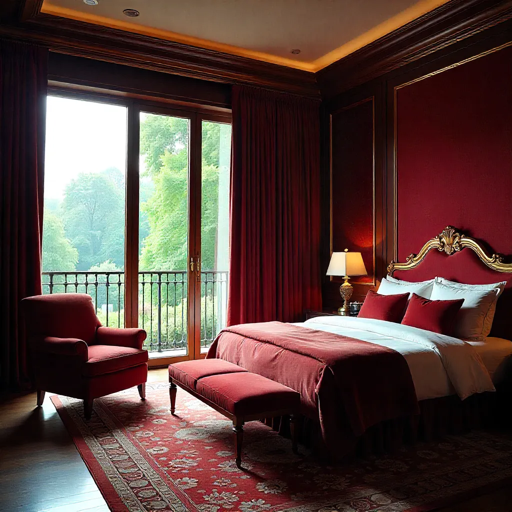 Master bedroom featuring luxurious velvet curtains in deep burgundy