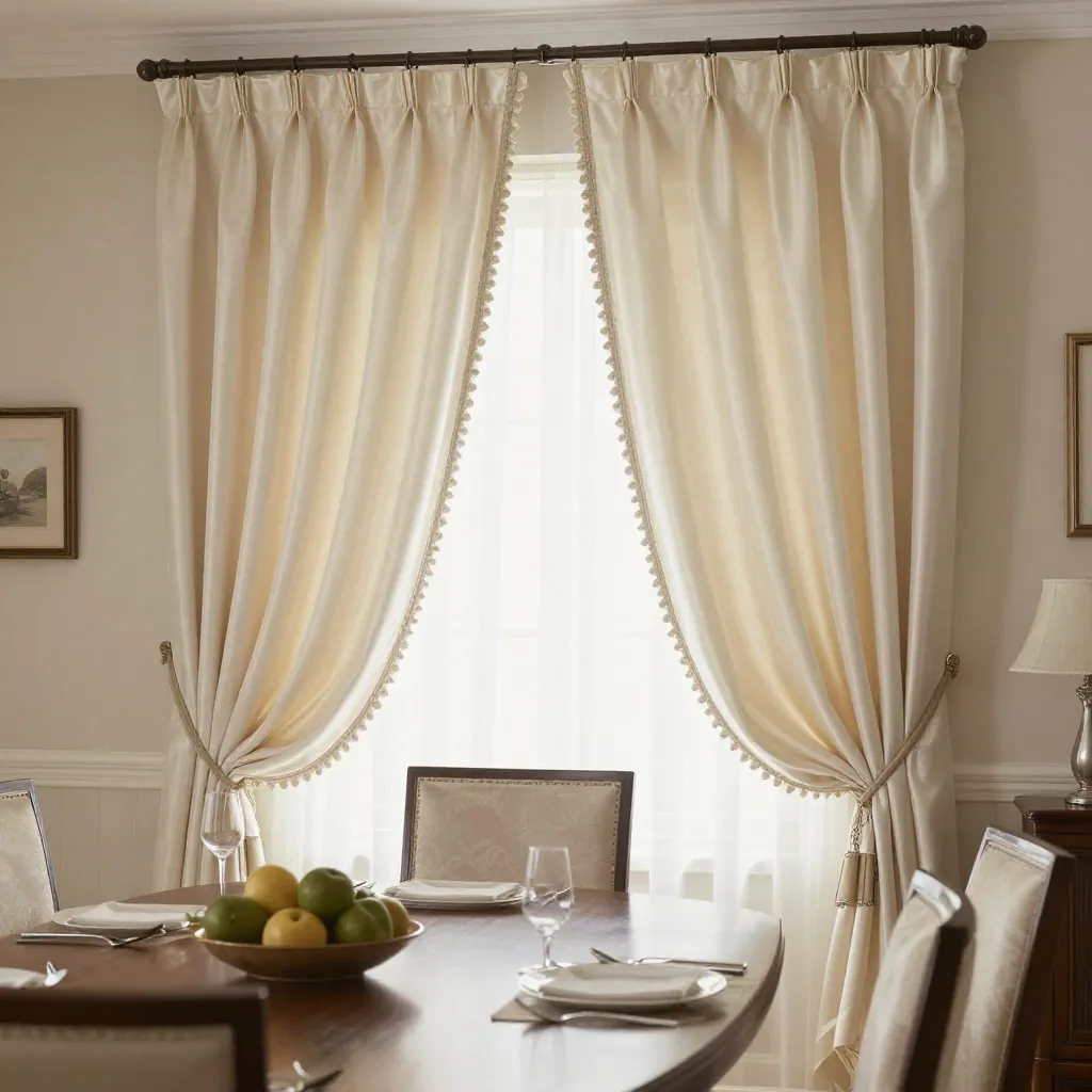 Formal dining room with custom-made silk curtains in elegant cream color