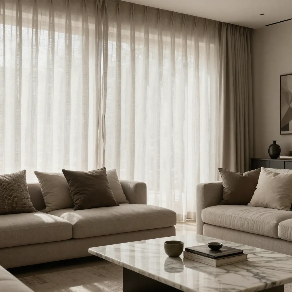 Elegant living room with floor-to-ceiling linen curtains in neutral tones